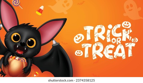 Trick or treat text vector design. Happy halloween greeting with cute bat character in pattern orange background for horror party invitation card. Vector illustration holiday season halloween greeting