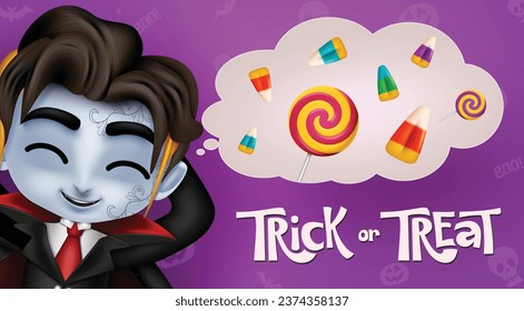 Trick or treat text vector design. Halloween vampire boy character thinking candies elements in speech bubble space for greeting card background. Vector illustration kids horror party invitation card.