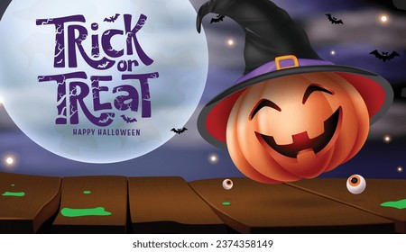 Trick or treat text vector design. Halloween greeting card with pumpkin wearing witch hat elements in night full moon background. Vector illustration party invitation background.
