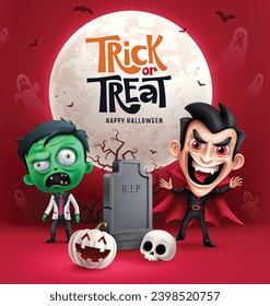 Trick or treat text vector design. Happy halloween greeting card with scary zombie and creepy vampire characters in full moon background. Vector illustration horror invitation card concept.
