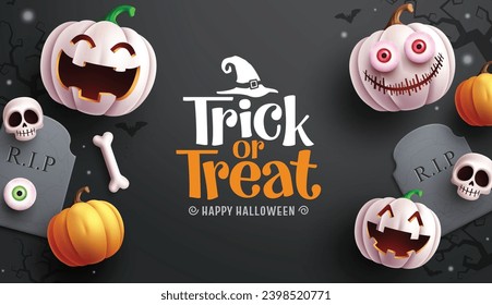 Trick or treat text vector design. Happy halloween white pumpkins characters, grave stone and skull decoration elements in black background. Vector illustration horror greeting card design.
