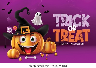 Truque ou trate o design do vetor de texto. Halloween truque ou tratar cartão de saudação com bonito sorridente personagem de abóbora vestindo bruxa chapéu preto elemento em fundo assustador roxo. Ilustração vetorial sazonal 