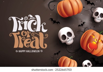 Truque ou trate o design do vetor de texto. Feliz cartão de convite de halloween com jack o lanterna, caveira e morcegos elementos em fundo preto noite assustador. Ilustração de vetor design de cartaz de saudação assustadora. 
