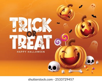 Truco o trato de diseño de Vector de texto. Tarjeta de invitación de Halloween feliz con expresiones faciales espeluznantes, divertidas y lindas de la linterna de calabaza en fondo naranja aterrador.  Ilustración vectorial decorativa skittish