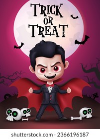 Trick or treat text vector poster design. Halloween greeting card with cute vampire man character standing in cemetery full moon background. Vector illustration dracula cartoon greeting card.
