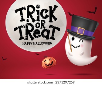 Diseño de plantilla de vector de texto de trucos o de tratamiento. Feliz tarjeta de saludo de Halloween con fantasmas amistosos y elementos decorativos de calabaza mago con fondo rojo. Plantilla de temporada halloween de ilustración vectorial.