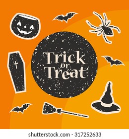 Trick or Treat Title. Stylized Decorations: Pumpkin, Bat, Spider, Witch Hat, Broom and Coffin. Vector Illustration