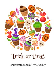Trick or Treat. Traditional sweets and candies for holiday Halloween. Muffins, cupcakes, cakes decorated  Halloween style .Banner isolated on white background. Retro cartoon style vector illustration.