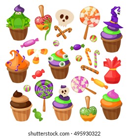 Trick or Treat. Traditional sweets and candies for holiday Halloween. Muffins, cupcakes, cakes decorated in Halloween style and isolated on white background. Retro cartoon style vector illustration.