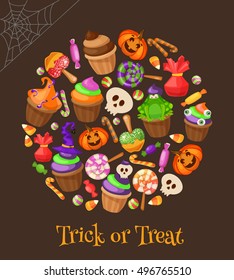 Trick or Treat. Traditional sweets and candies for holiday Halloween. Muffins, cupcakes, cakes decorated in Halloween style . Round banner isolated on background. Retro cartoon vector illustration.