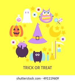 Trick or Treat Trendy Poster. Cute Design Vector Illustration. Set of Happy Halloween Objects.
