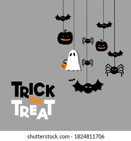 Trick or treat typography design with bat , pumpkin, spider and ghost vector design for Halloween on grey background 