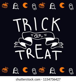 Trick or treat typography, ghost, moon, pumpkin, card