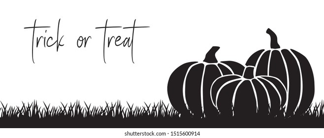 Trick or treat, typography with illustration of black pumpkins and grass, vector