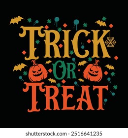 Trick or Treat Typography Vector with Halloween Icons – Pumpkins, Bats, Webs, and Spooky Elements in a Fun and Festive Halloween Design for Holiday Decorations