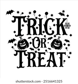 Trick or Treat Typography Vector with Halloween Icons – Pumpkins, Bats, Webs, and Spooky Elements in a Fun and Festive Halloween Design for Holiday Decorations