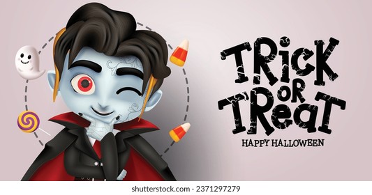 Trick or treat vampire character vector design. Happy halloween greeting text with cute friendly vampire zombie boy mascot for horror costume party decoration background. Vector illustration greeting 