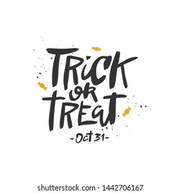 Trick or treat vector brush lettering. Handwritten Halloween typography print for flyer, poster, card, banner. Hand drawn decorative design element.