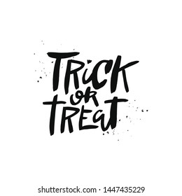Trick or treat vector brush lettering. Handwritten Halloween typography print for flyer, poster, card, banner. Hand drawn decorative design element.