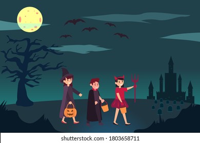 Trick or treat vector concept: group of happy children wearing Halloween costumes while walking around the cemetery