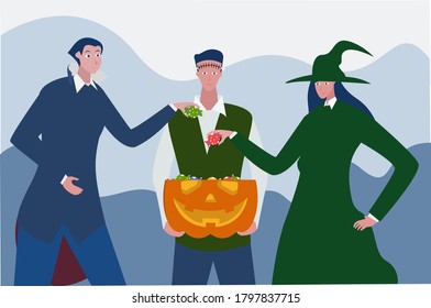 Trick and treat vector concept: portrait of teenagers dropping candies to the pumpkin