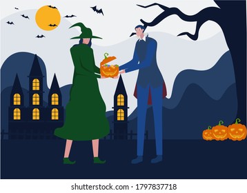 Trick and treat vector concept: witch giving a pumpkin full of sweets to the vampire