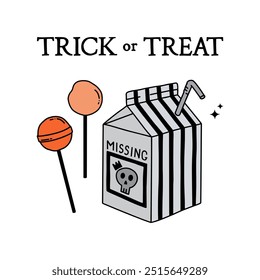 Ilustração desenhada à mão do vetor de Truque ou Treat com leite e pirulitos. Feliz Halloween ilusão para cartazes, banners, posts de internet e seus outros projetos