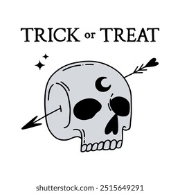 Trick or Treat vector hand drawn illustration with skull. Happy Halloween illustation for posters, banners, internet posts and your other designs
