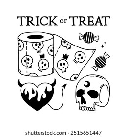 Trick or Treat vector hand drawn line illustration. Happy Halloween template for your designs. Skull, toilet paper, candy, devil heart