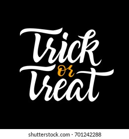 Trick or Treat - vector hand drawn brush pen lettering design image. Black background. Use this high quality calligraphy for your banners, flyers, cards. Eat candy and play games with adults.