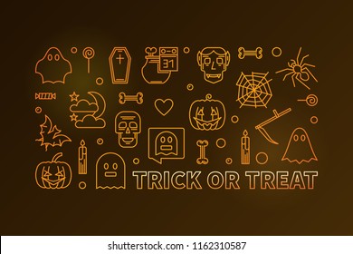 Trick or Treat vector horizontal modern colored illustration. 31 Oct Halloween Holiday banner in thin line style on dark background