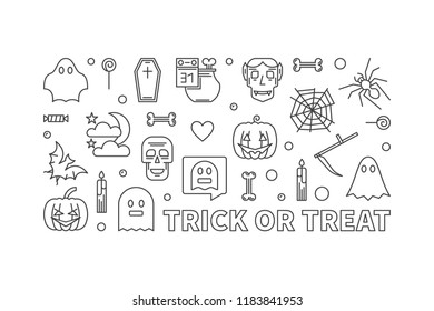 Trick or Treat vector horizontal modern illustration. 31 October Halloween Holiday poster or banner in thin line style