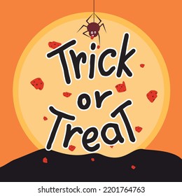 Truco o tratamiento, ilustración vectorial, letras negras, araña, galletas, puesta de sol amarilla en el fondo. Feliz Halloween. Grabación digital a mano para banner, afiche, tarjeta de saludo, invitación, volante.