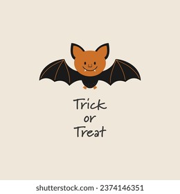 Trick or Treat vector illustration. Halloween greeting card. Cute bat on a light background. Design for flyer, banner, poster templates.