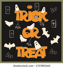 Trick or treat vector illustration on black background. Halloween design