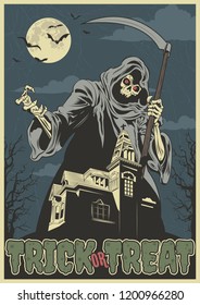 Trick or Treat Vector Illustration with Skeleton and Haunted Mansion