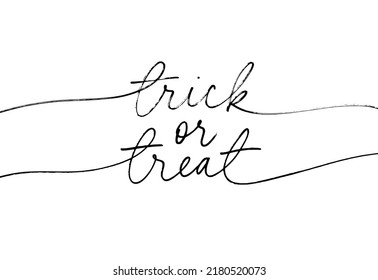 Trick or treat vector line calligraphy. Handlettered Halloween phrase. Hand drawn black pen lettering isolated on white background. Happy Halloween message design banner. Greeting card and invitation