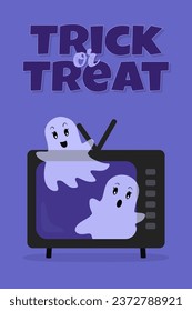 Trick Or Treat Vector Poster. Cute Halloween Ghosts Flying out of a TV. Greeting Card or Invitation. Flat Cartoon style