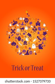 Trick or treat vector poster template. Autumn holiday greeting card layout. Spooky party