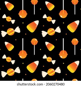 Trick or treat vector seamless pattern background with candy corn, lollipops and candies for Halloween design.
