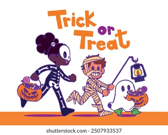 "Trick or treat" vectorial illustration! Kids wearing Halloween costumes. Vectorial clipart, every elements isolated and resizable! 