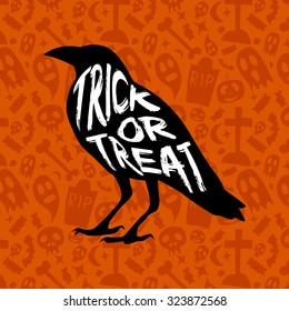 trick or treat vintage badge on orange seamless background. vector illustration with crow silhouette