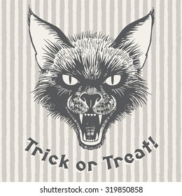 Trick treat vintage Halloween illustration poster  Scary black cat's head and open mouth   bared fangs  Ink drawing and lettering  Grinning cat's muzzle striped brush drawn background  