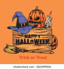 Trick or Treat vintage template with witch hat and broom scary pumpkins burning candle in candlestick and wooden board with Happy Halloween inscription isolated vector illustration