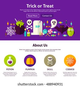 Trick or Treat Web Design Template. Flat Style Vector Illustration for Website Banner and Landing Page. Happy Halloween.