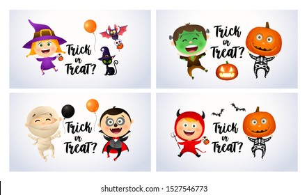 Trick or treat white banner set with monsters. Halloween, October, trick or treat. Lettering can be used for greeting cards, invitations, announcements