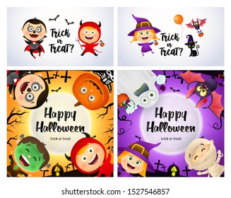 Trick or treat white, violet banner set with monsters. Halloween, October, trick or treat. Lettering can be used for greeting cards, invitations, announcements