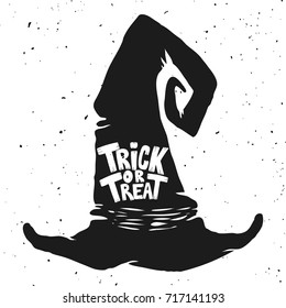 Trick or treat. Witch hat with lettering. Halloween theme. Design element for poster, greeting card, banner. Vector illustration