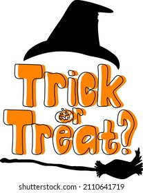 Trick or treat word logo with witch hat and broomstick illustration