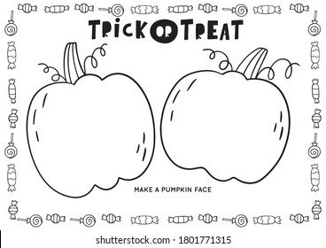 Trick Or Treat Worksheets Coloring Page. Halloween Coloring Page For Kids. Cartoon Pumpkin, Bat, Monsters Activity